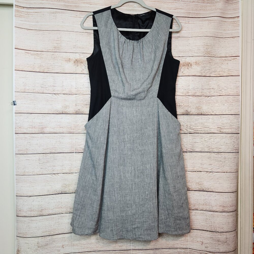 Tahari Colorblock Gray Black Pocket Linen Blend Fit & Flare Dress Size 12